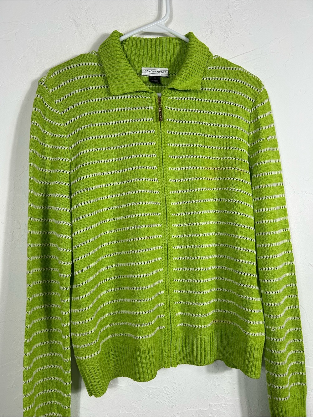 St. John Sport Lime Green White Striped Pointelle Knit Zip Cardigan Sweater - Picture 3 of 6